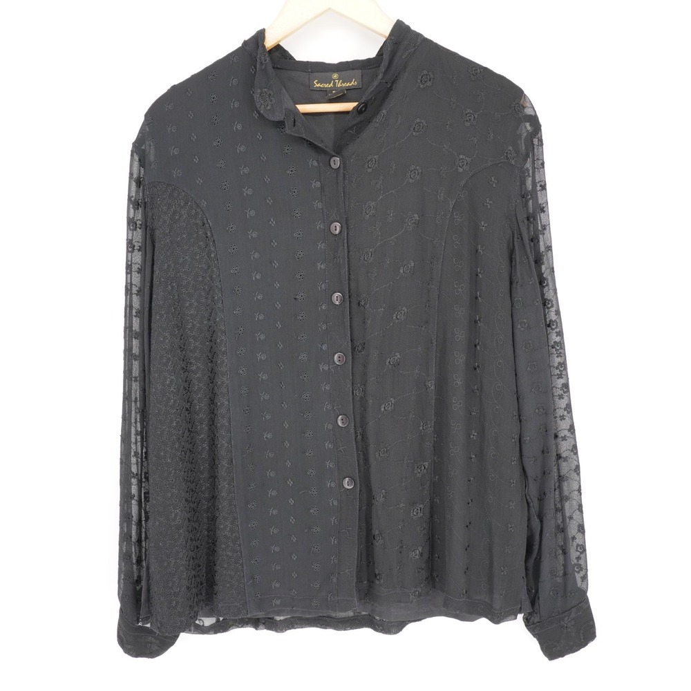 Sacred Threads Boho Blouse Womens M/L Black Sheer Lined Button Front Long Sleeve